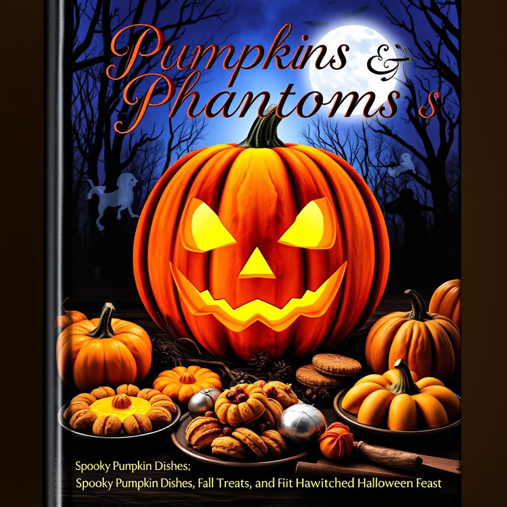 A captivating book cover design featuring a large, intricately carved pumpkin with a spooky face, glowing softly from within