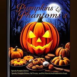 A captivating book cover design featuring a large, intricately carved pumpkin with a spooky face, glowing softly from within