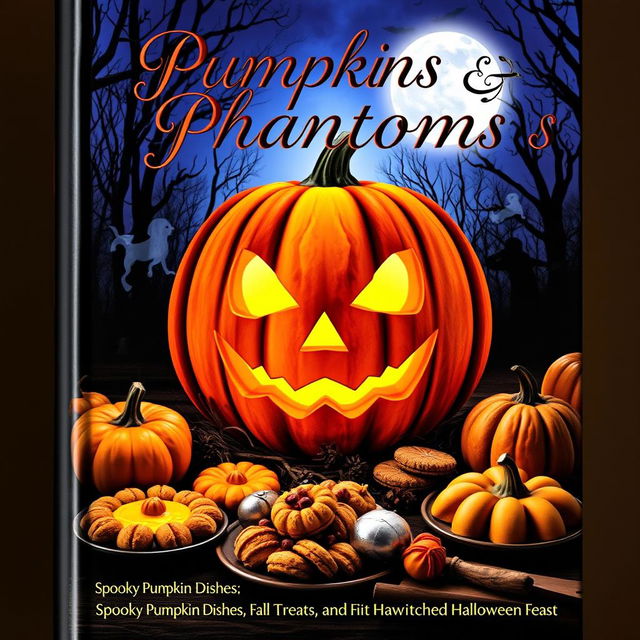 A captivating book cover design featuring a large, intricately carved pumpkin with a spooky face, glowing softly from within