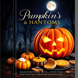 A captivating book cover design featuring a large, intricately carved pumpkin with a spooky face, glowing softly from within