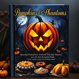 A captivating book cover design featuring a large, intricately carved pumpkin with a spooky face, glowing softly from within