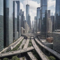 A bustling modern city filled with towering skyscrapers, with intricate viaducts snaking through the urban landscape weaving seamlessly between the buildings.