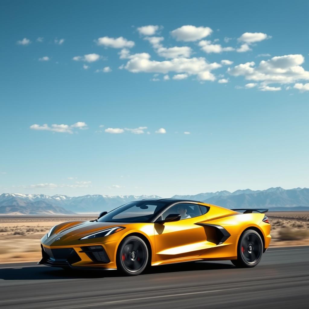 A creative fusion of a Corvette C8 and KGM Actyon, designed as a 4-door compact utility vehicle (CUV) featuring an eye-catching matte gold exterior