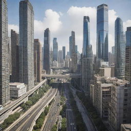 A bustling modern city filled with towering skyscrapers, with intricate viaducts snaking through the urban landscape weaving seamlessly between the buildings.