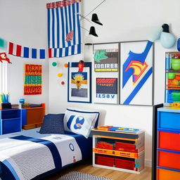 A spacious, brightly lit boys room with vibrant and colorful decor. Various elements such as race car-themed bed, superhero posters, sports equipment, lego sets, and a study area.