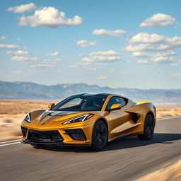 A creative fusion of a Corvette C8 and KGM Actyon, designed as a 4-door compact utility vehicle (CUV) featuring an eye-catching matte gold exterior