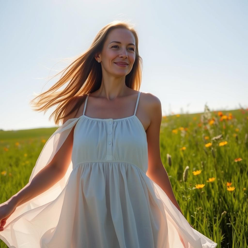 A 40-year-old woman standing gracefully in a lush green field under a clear blue sky