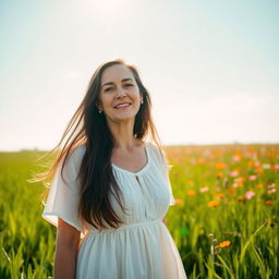 A 40-year-old woman standing gracefully in a lush green field under a clear blue sky