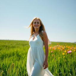 A 40-year-old woman standing gracefully in a lush green field under a clear blue sky