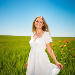 A 40-year-old woman standing gracefully in a lush green field under a clear blue sky