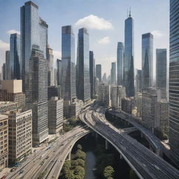 A bustling modern city filled with towering skyscrapers, with intricate viaducts snaking through the urban landscape weaving seamlessly between the buildings.