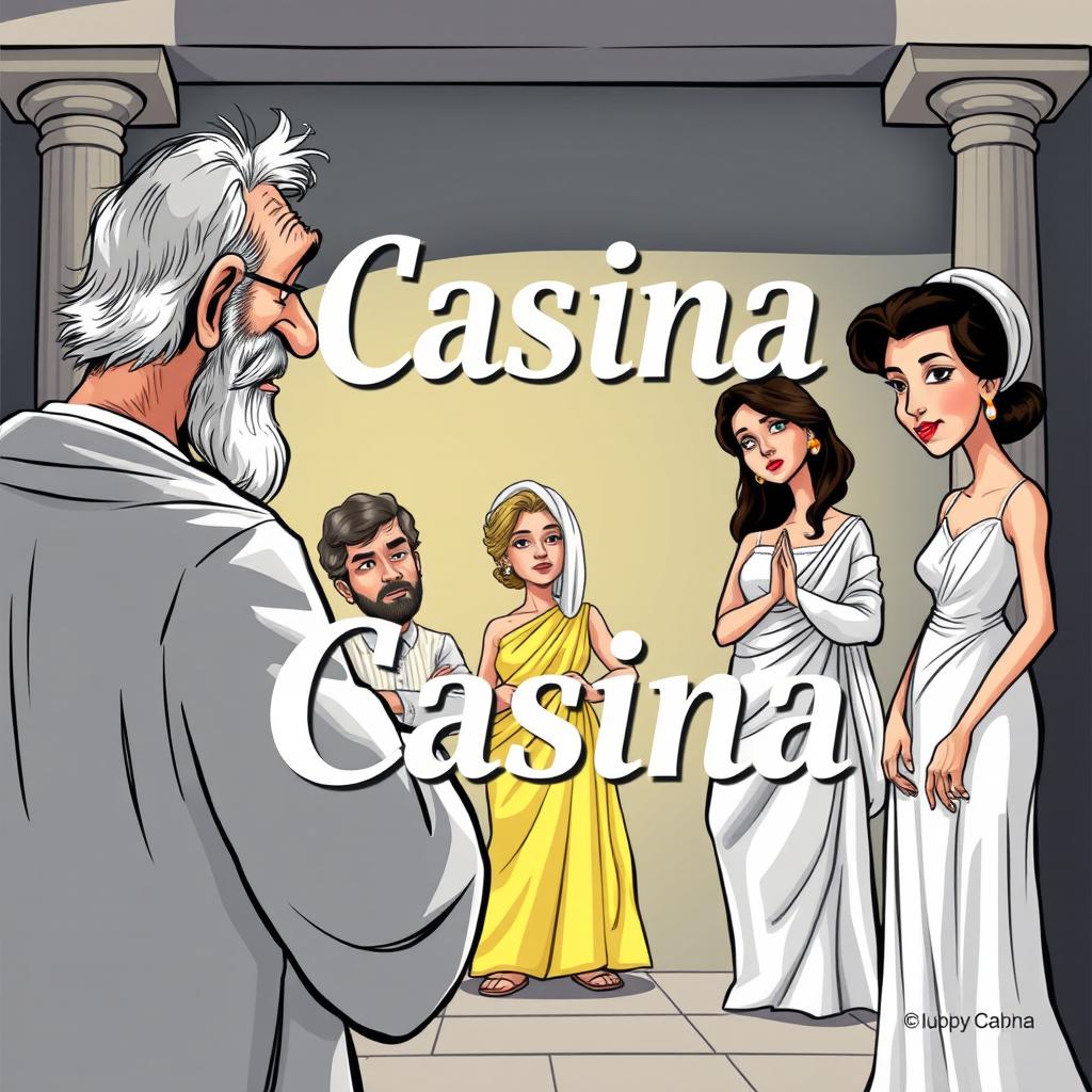 A Greek comedy scene in a caricature style featuring a lecherous old Greek man leering at a young and beautiful Greek woman who is seen from behind