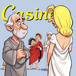 A Greek comedy scene in a caricature style featuring a lecherous old Greek man leering at a young and beautiful Greek woman who is seen from behind