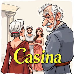 A Greek comedy scene in a caricature style featuring a lecherous old Greek man leering at a young and beautiful Greek woman who is seen from behind