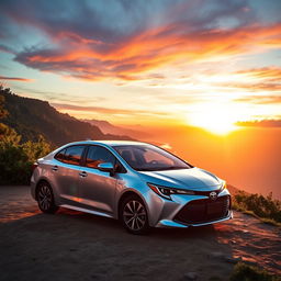 A stunning Toyota Corolla parked on a scenic cliffside overlooking a breathtaking sunset