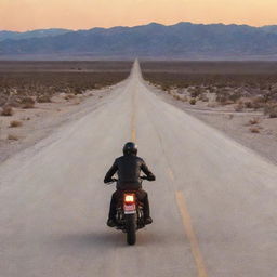 A motorcyclist on a Harley Davidson riding along a route in the Death Valley desert as twilight falls, viewed from his back