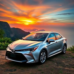 A stunning Toyota Corolla parked on a scenic cliffside overlooking a breathtaking sunset