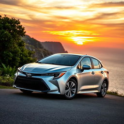 A stunning Toyota Corolla parked on a scenic cliffside overlooking a breathtaking sunset