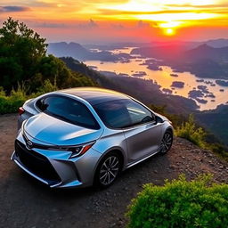 A stunning Toyota Corolla parked on a scenic cliffside overlooking a breathtaking sunset