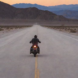 A motorcyclist on a Harley Davidson riding along a route in the Death Valley desert as twilight falls, viewed from his back