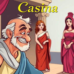 A vibrant cartoon-style illustration of a Greek comedy scene from the theater