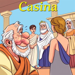 A vibrant cartoon-style illustration of a Greek comedy scene from the theater