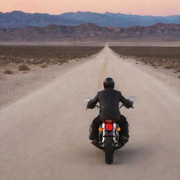 A motorcyclist on a Harley Davidson riding along a route in the Death Valley desert as twilight falls, viewed from his back