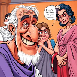 A comedic caricature scene from a Greco-Latin theater play titled 'Casina'