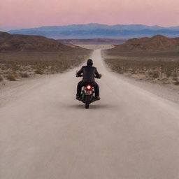 A motorcyclist on a Harley Davidson riding along a route in the Death Valley desert as twilight falls, viewed from his back