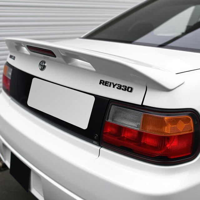 A Toyota Corolla AE102 featuring a distinctive ducktail-style spoiler, installed strategically above the rear light and covering the Toyota logo, creating a cleaner and more aggressive look