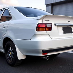 A Toyota Corolla AE102 featuring a distinctive ducktail-style spoiler, installed strategically above the rear light and covering the Toyota logo, creating a cleaner and more aggressive look