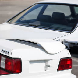 A Toyota Corolla AE102 featuring a distinctive ducktail-style spoiler, installed strategically above the rear light and covering the Toyota logo, creating a cleaner and more aggressive look