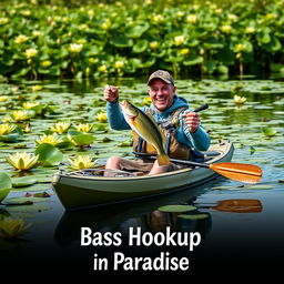 A serene lake scene filled with vibrant green lilies in the background