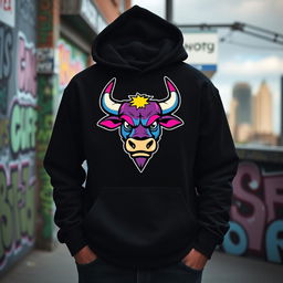 A stylish black hoodie featuring a colorful cartoon bull logo prominently displayed on the front