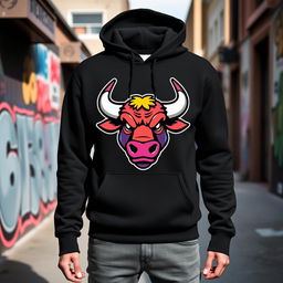 A stylish black hoodie featuring a colorful cartoon bull logo prominently displayed on the front