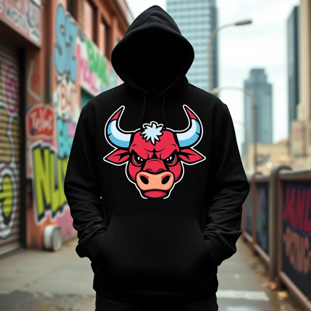 A stylish black hoodie featuring a colorful cartoon bull logo prominently displayed on the front