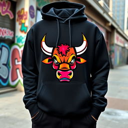 A stylish black hoodie featuring a colorful cartoon bull logo prominently displayed on the front