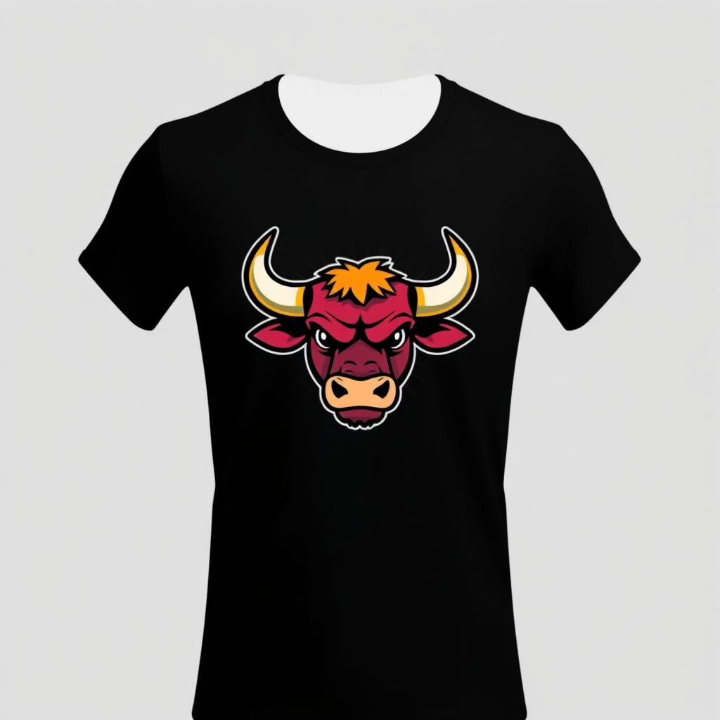 A sleek black t-shirt featuring a vibrant cartoon bull logo displayed centrally on the chest