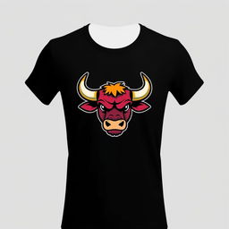 A sleek black t-shirt featuring a vibrant cartoon bull logo displayed centrally on the chest