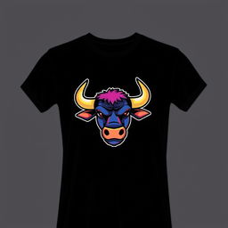 A sleek black t-shirt featuring a vibrant cartoon bull logo displayed centrally on the chest