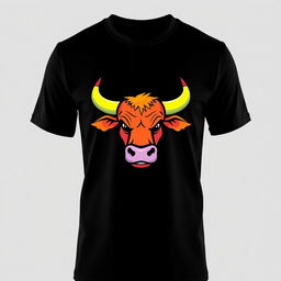 A sleek black t-shirt featuring a vibrant cartoon bull logo displayed centrally on the chest