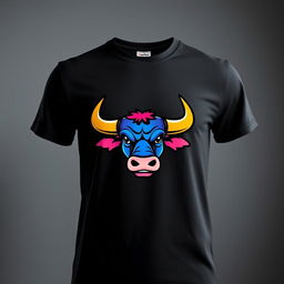 A sleek black t-shirt featuring a vibrant cartoon bull logo displayed centrally on the chest