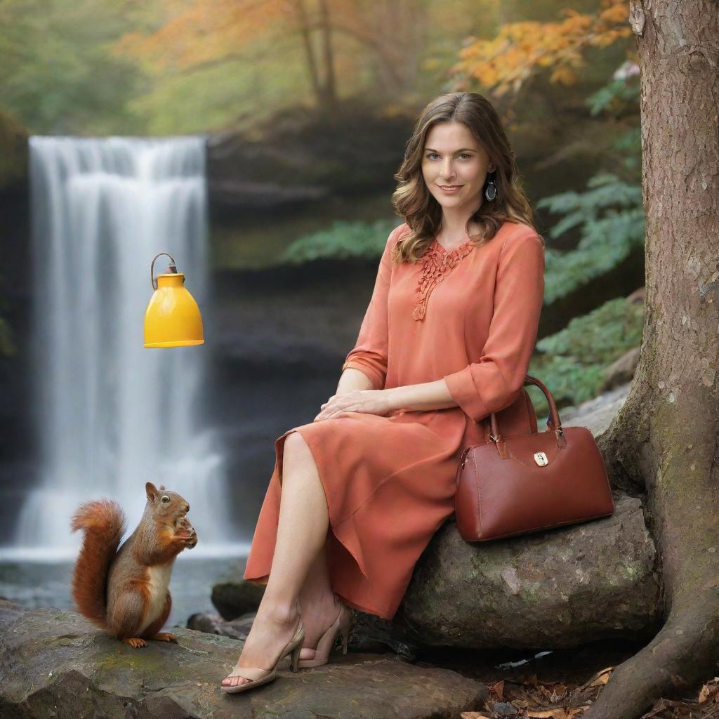 Create a colorful image featuring a woman with a purse, sitting beside a waterfall, a squirrel, a lamp, and a bell.