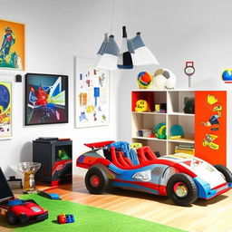 A spacious, brightly lit boys room with vibrant and colorful decor. Various elements such as race car-themed bed, superhero posters, sports equipment, lego sets, and a study area.