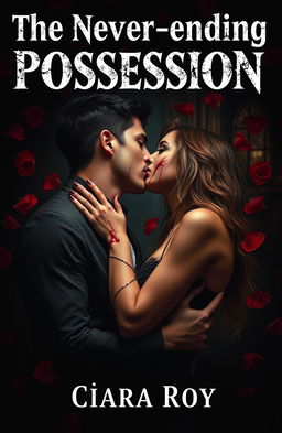 A striking cover design featuring a man and a woman passionately kissing, both dripping with blood, symbolizing a love intertwined with danger and obsession