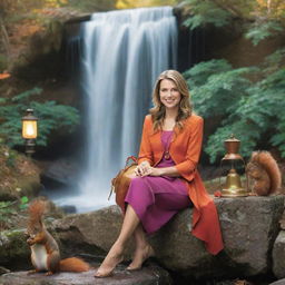 Create a colorful image featuring a woman with a purse, sitting beside a waterfall, a squirrel, a lamp, and a bell.