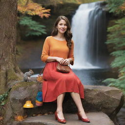 Create a colorful image featuring a woman with a purse, sitting beside a waterfall, a squirrel, a lamp, and a bell.