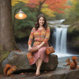 Create a colorful image featuring a woman with a purse, sitting beside a waterfall, a squirrel, a lamp, and a bell.