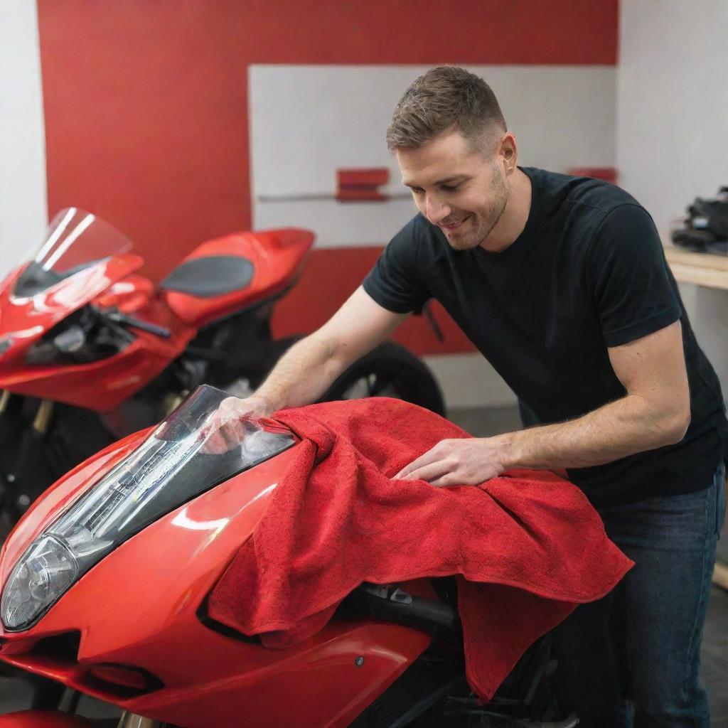 A young man using a microfiber towel to clean a vibrant red Ducati motorcycle