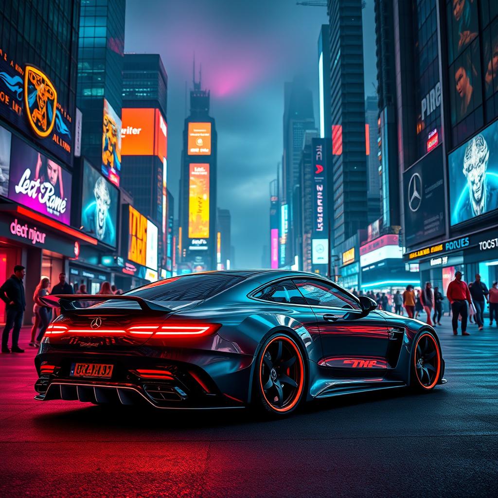 A sleek and modified Mercedes-Benz S63 Coupe Brabus, showcasing its aggressive and futuristic design, parked in a vibrant cyberpunk city setting